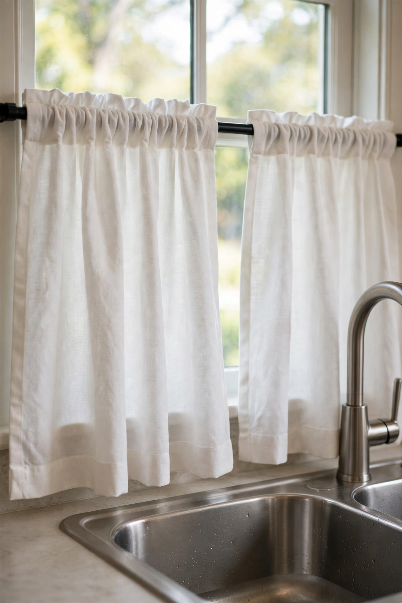 Classic white cafe curtains over a kitchen sink window on a tension rod