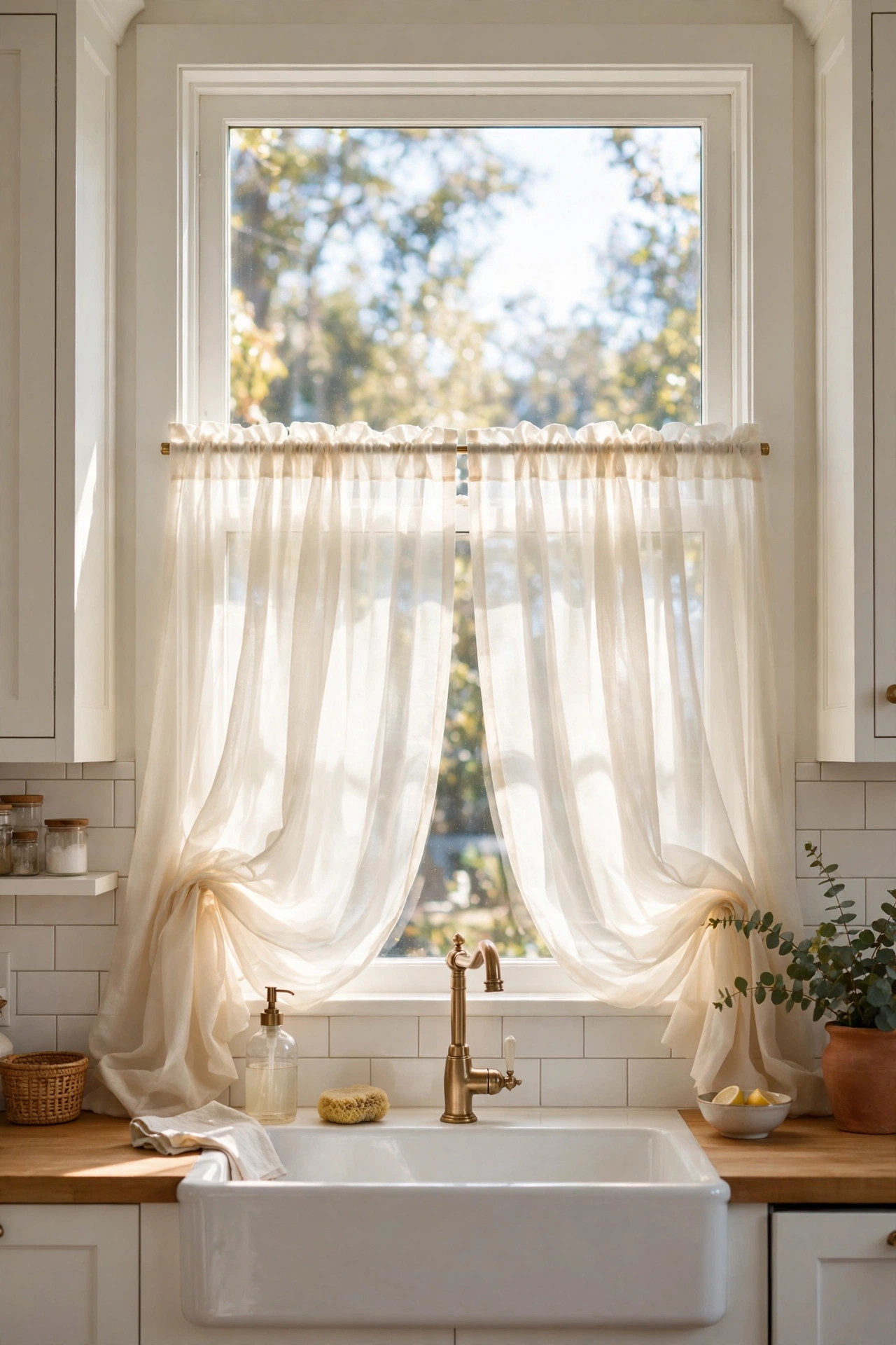 Sheer white cafe curtains over kitchen sink letting in soft daylight