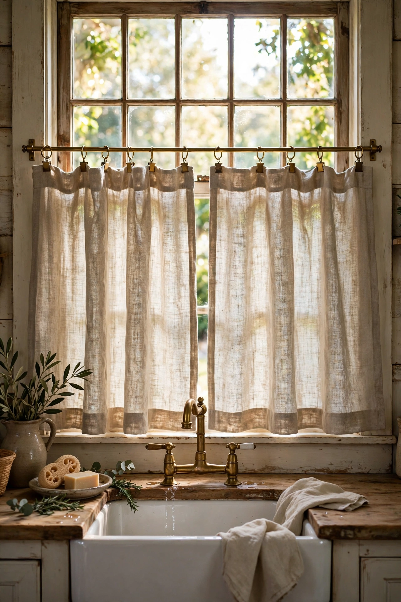 Natural linen cafe curtains on brass clip rings over kitchen sink