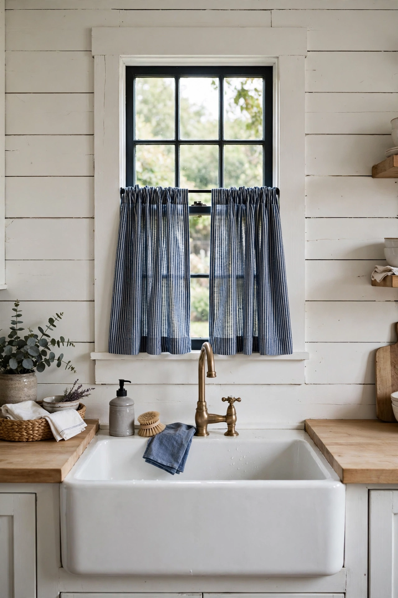 Navy ticking stripe cafe curtains over a farmhouse kitchen sink