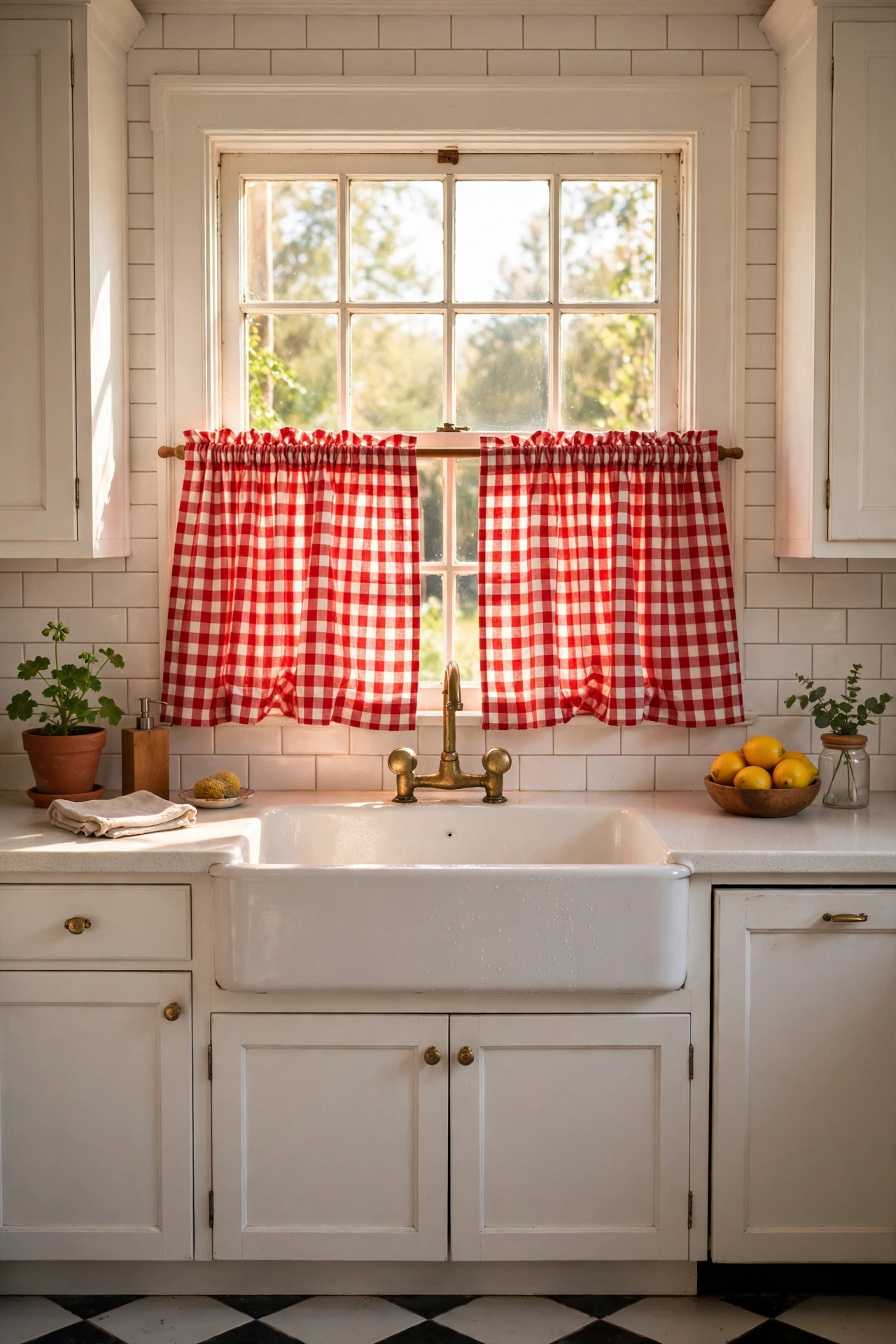 Red gingham check cafe curtains over kitchen sink window