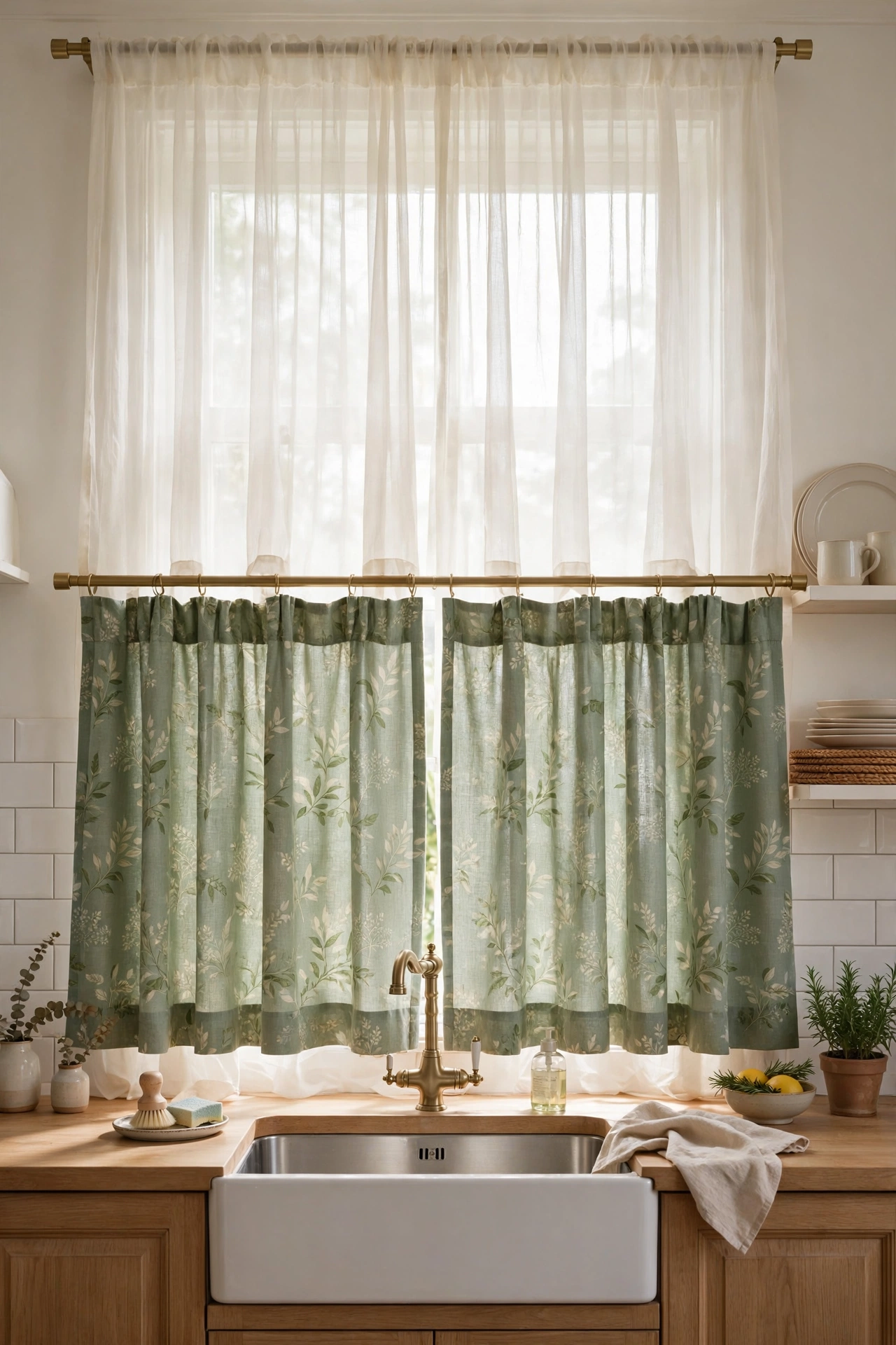 Tiered double layer curtains with sheer top and patterned bottom over sink
