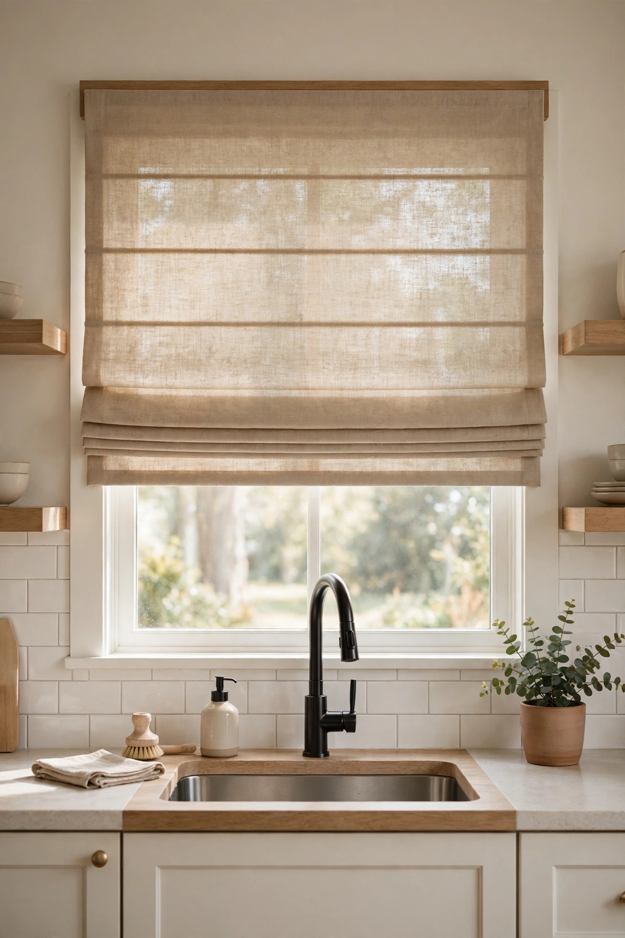Flat fold natural linen roman shade over kitchen sink window
