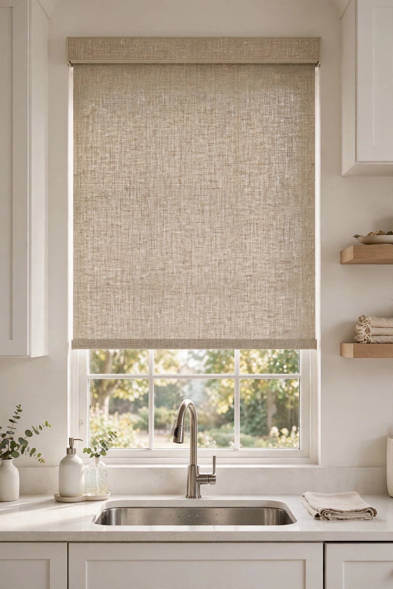 Textured wipe clean roller blind over kitchen sink window