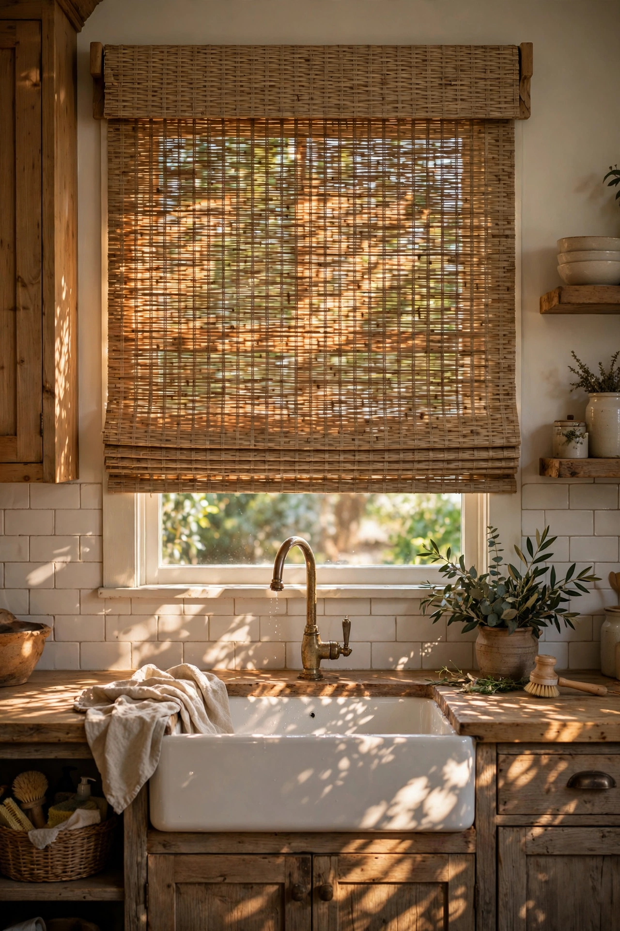 Woven bamboo wood roman shade over kitchen sink window