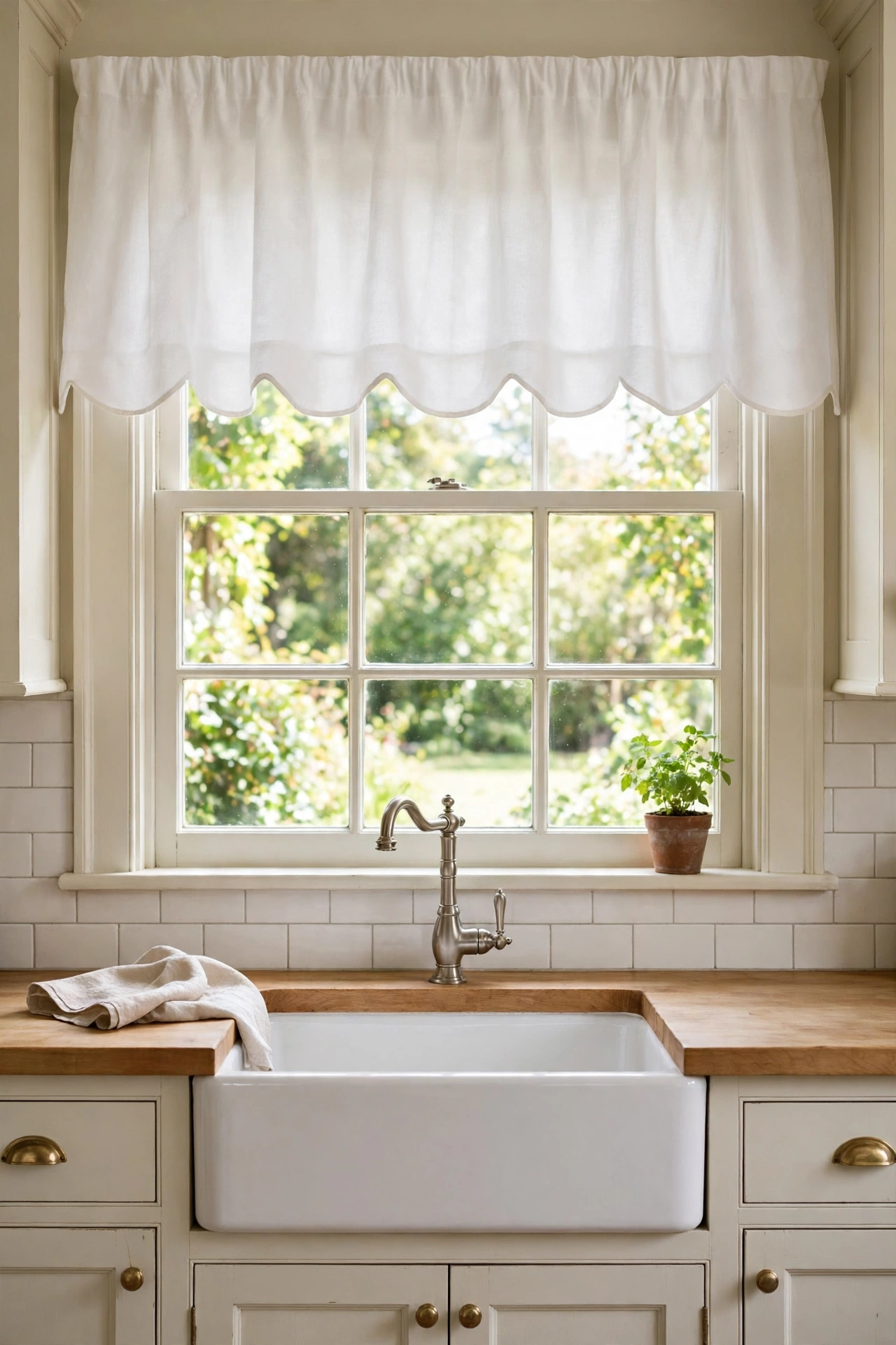 White scalloped edge valance over kitchen sink window