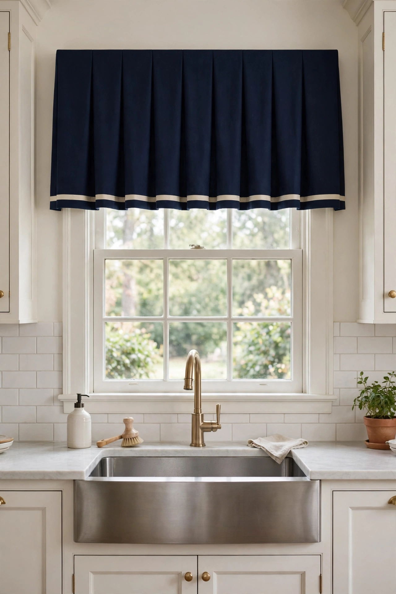 Box pleated valance with contrasting trim over kitchen sink
