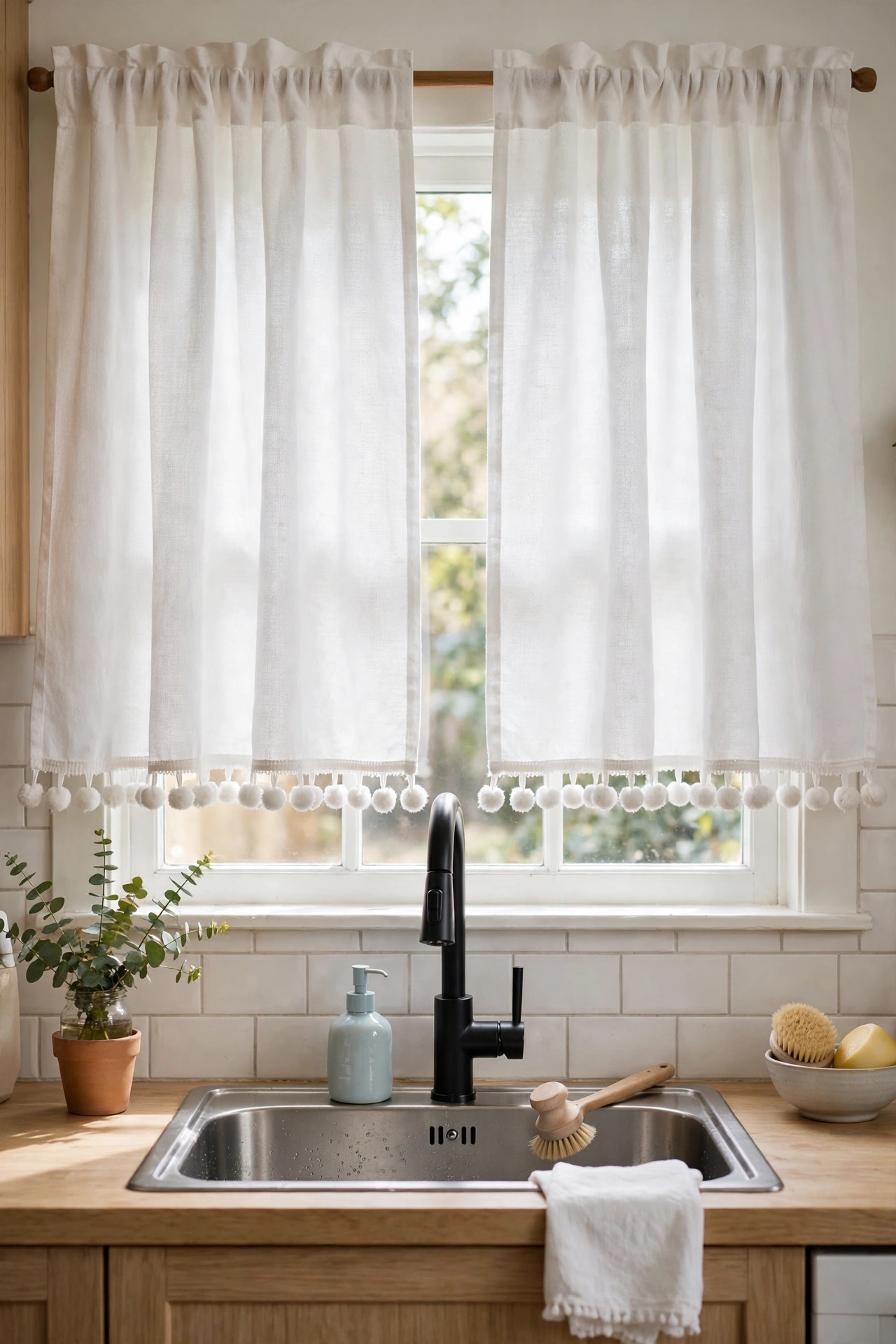 White cafe curtains with pom pom fringe trim over kitchen sink
