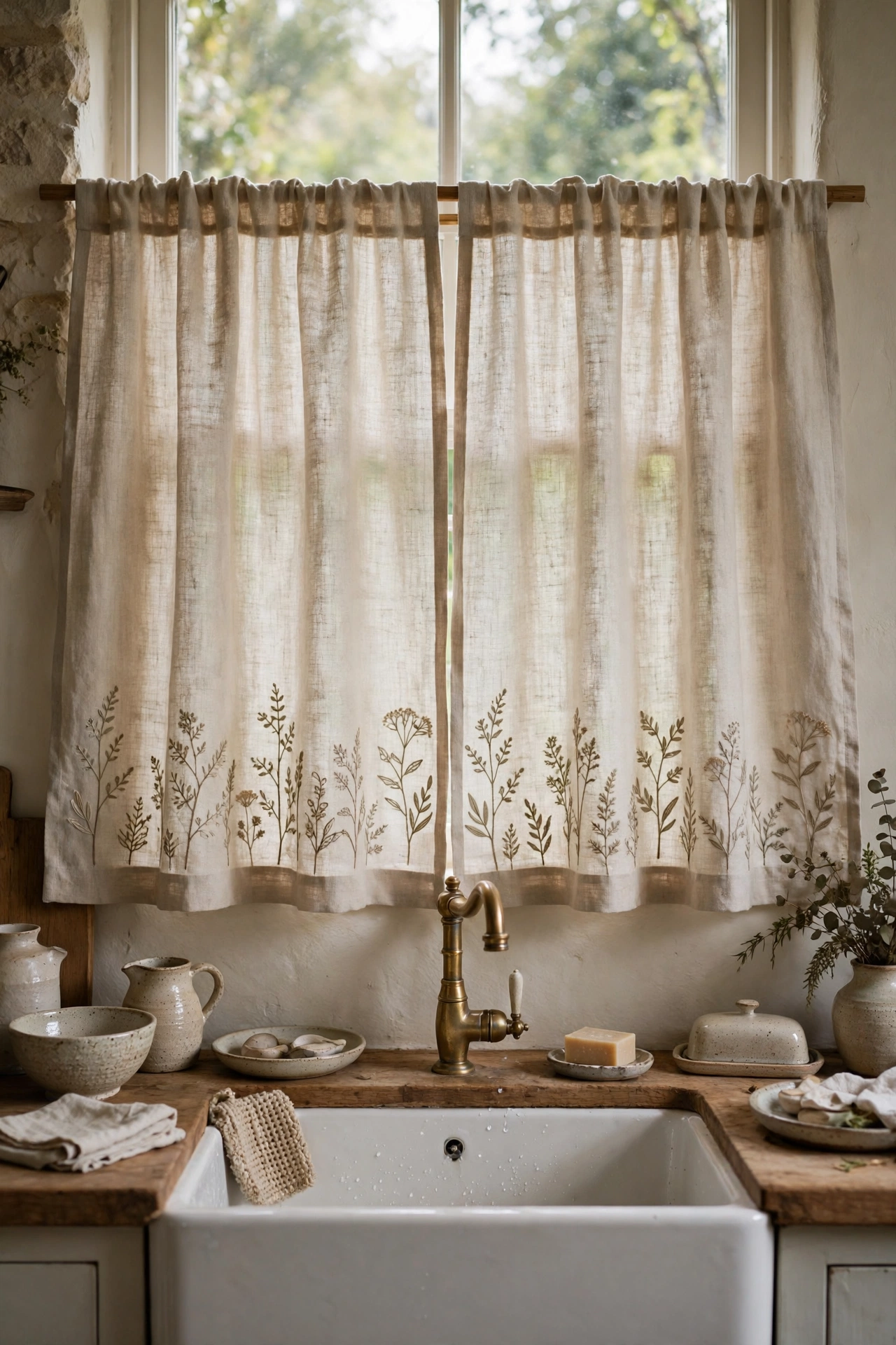 Linen cafe curtains with embroidered botanical hem over kitchen sink