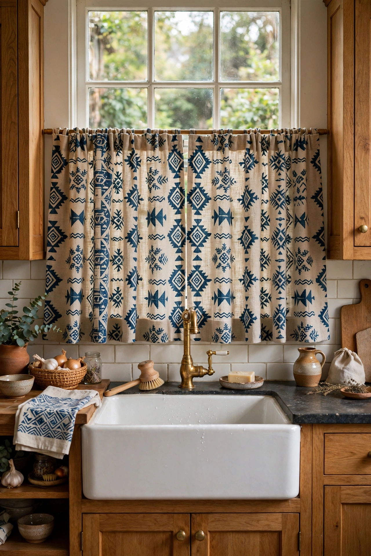 Indigo block printed linen cafe curtains over kitchen sink