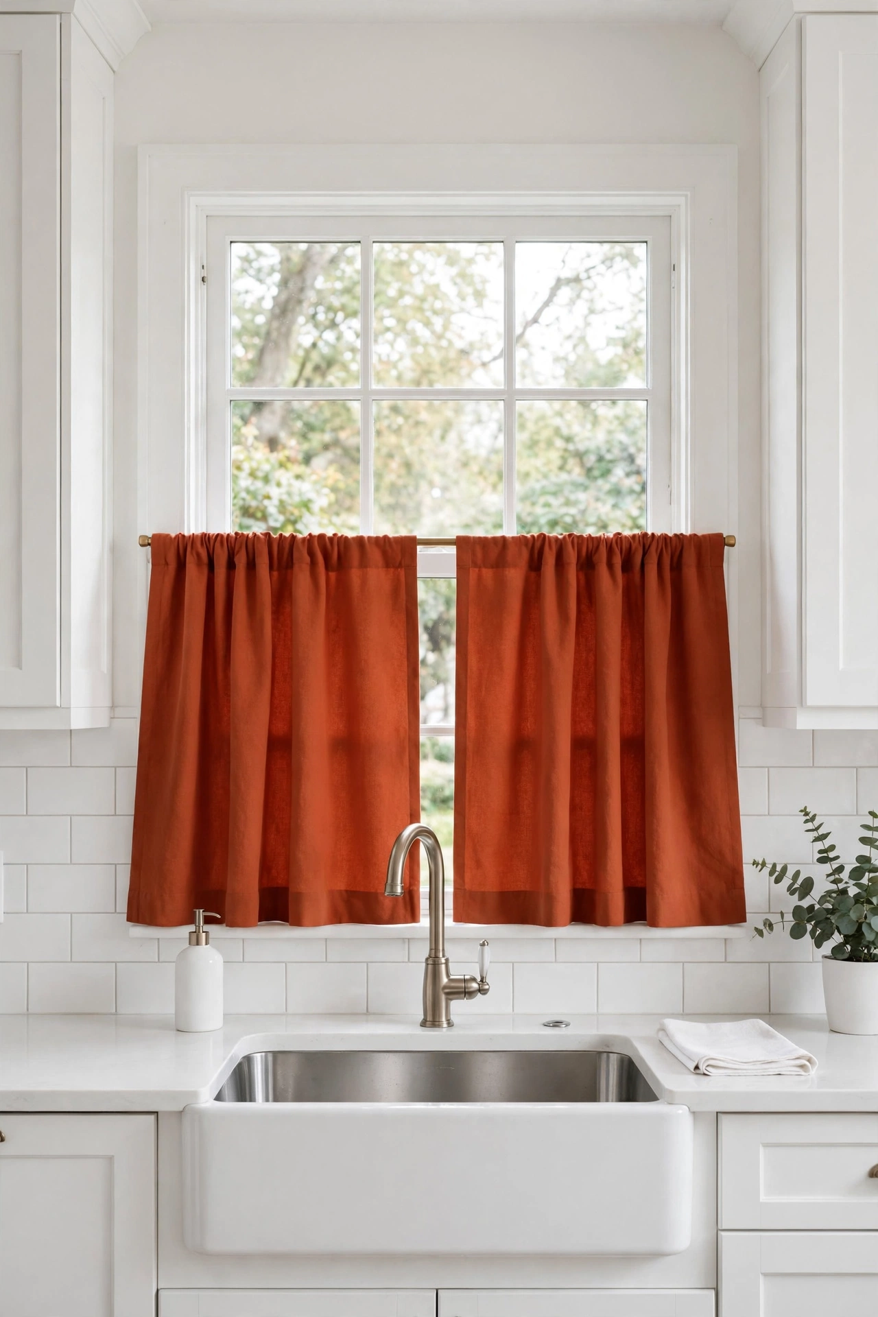 Terracotta solid color cafe curtains over white kitchen sink