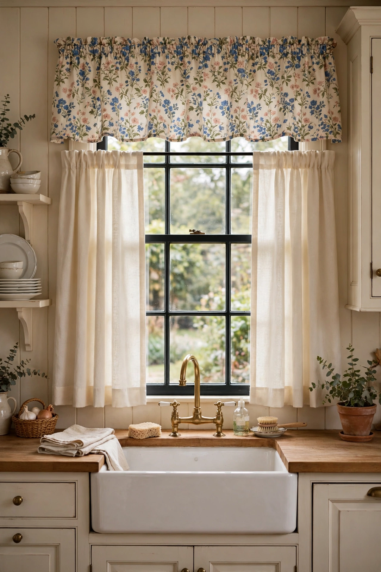 Layered valance and cafe curtain combo over kitchen sink