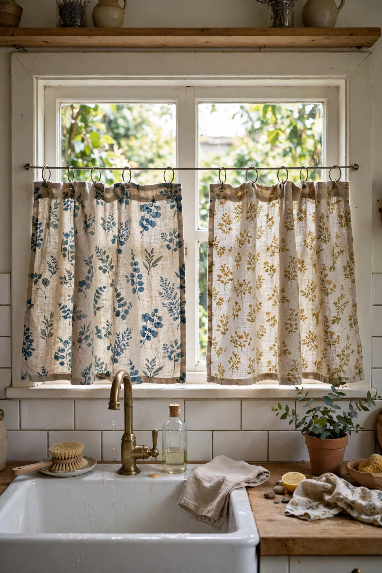 DIY no sew hem curtains made from tea towels over kitchen sink