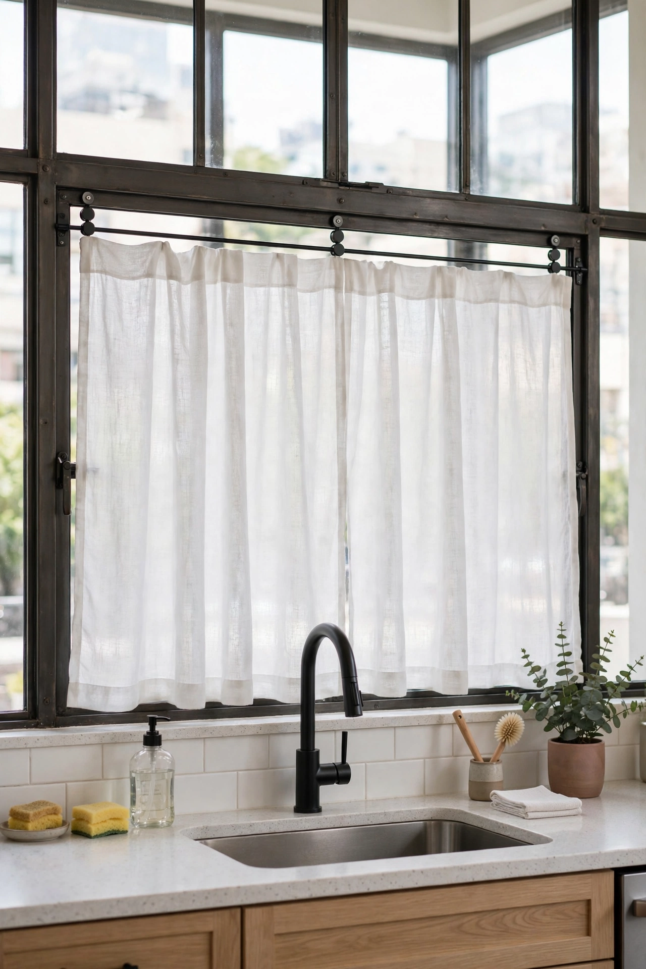 Renter friendly magnetic curtain rod on metal kitchen window frame
