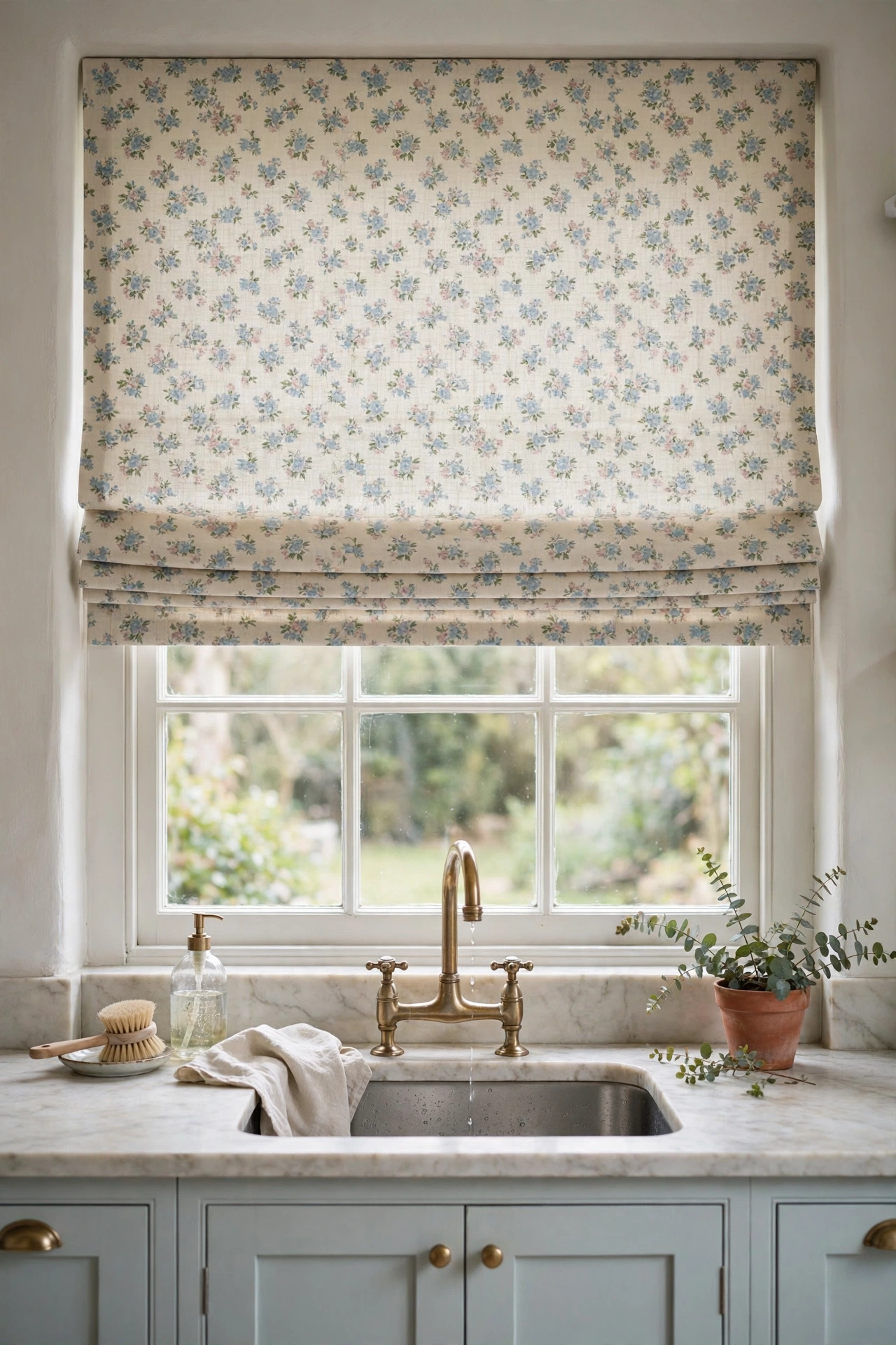 Small floral print roman shade over kitchen sink window