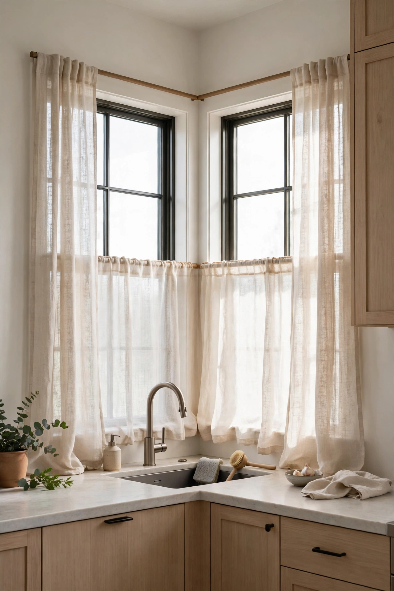 Wrap around cafe panels on corner kitchen sink window