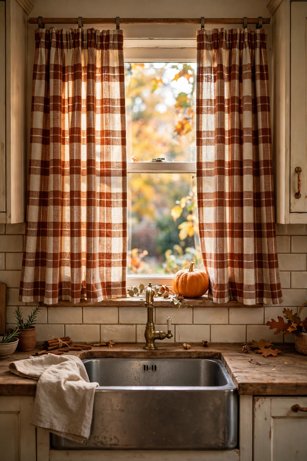 Seasonal fall plaid curtains over kitchen sink ready to swap