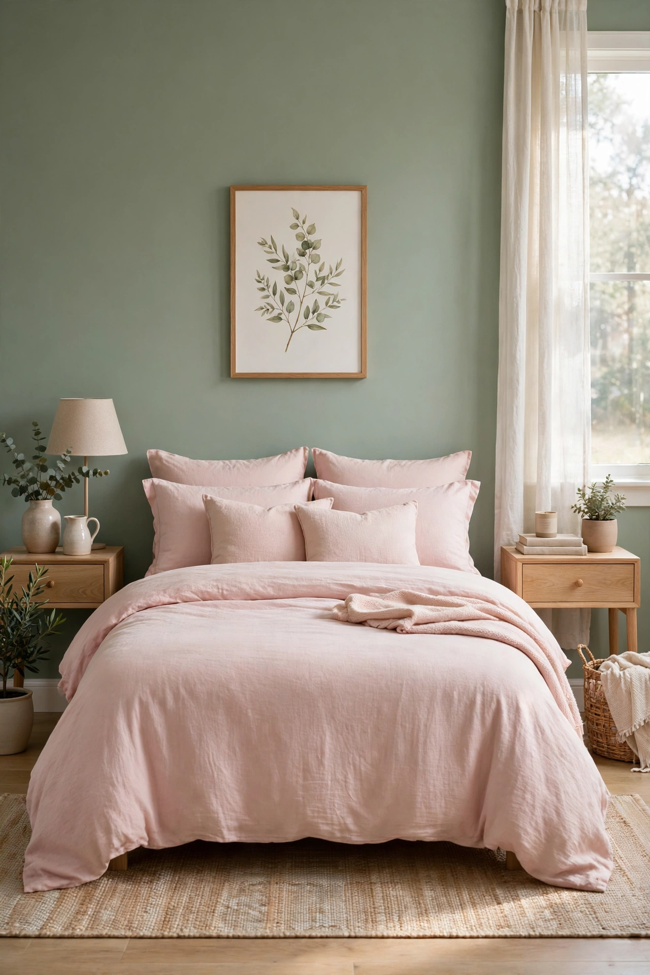 Bedroom with sage green walls and blush pink bedding on a wooden bed