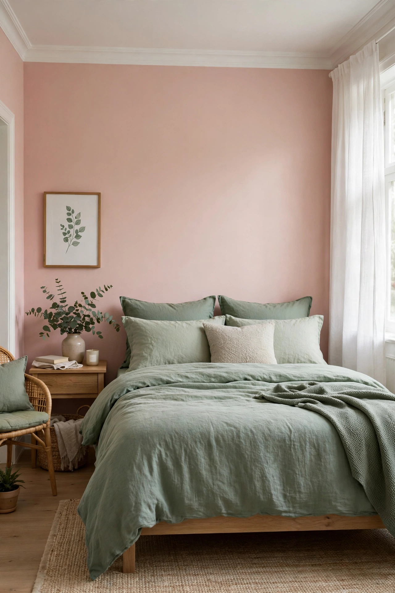 Bedroom with blush pink walls and sage green bedding