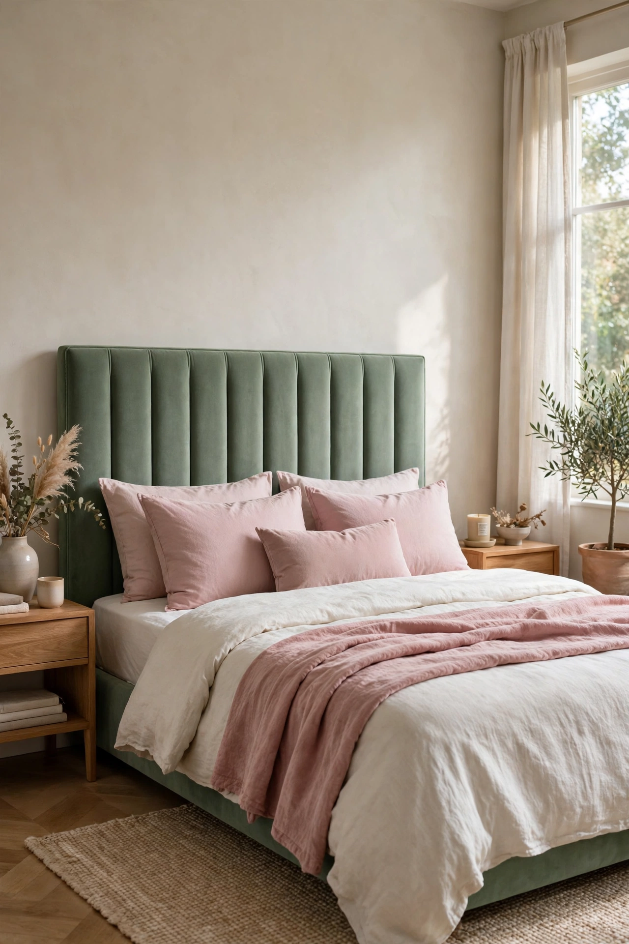 Sage green velvet headboard with dusty pink pillows on a bed