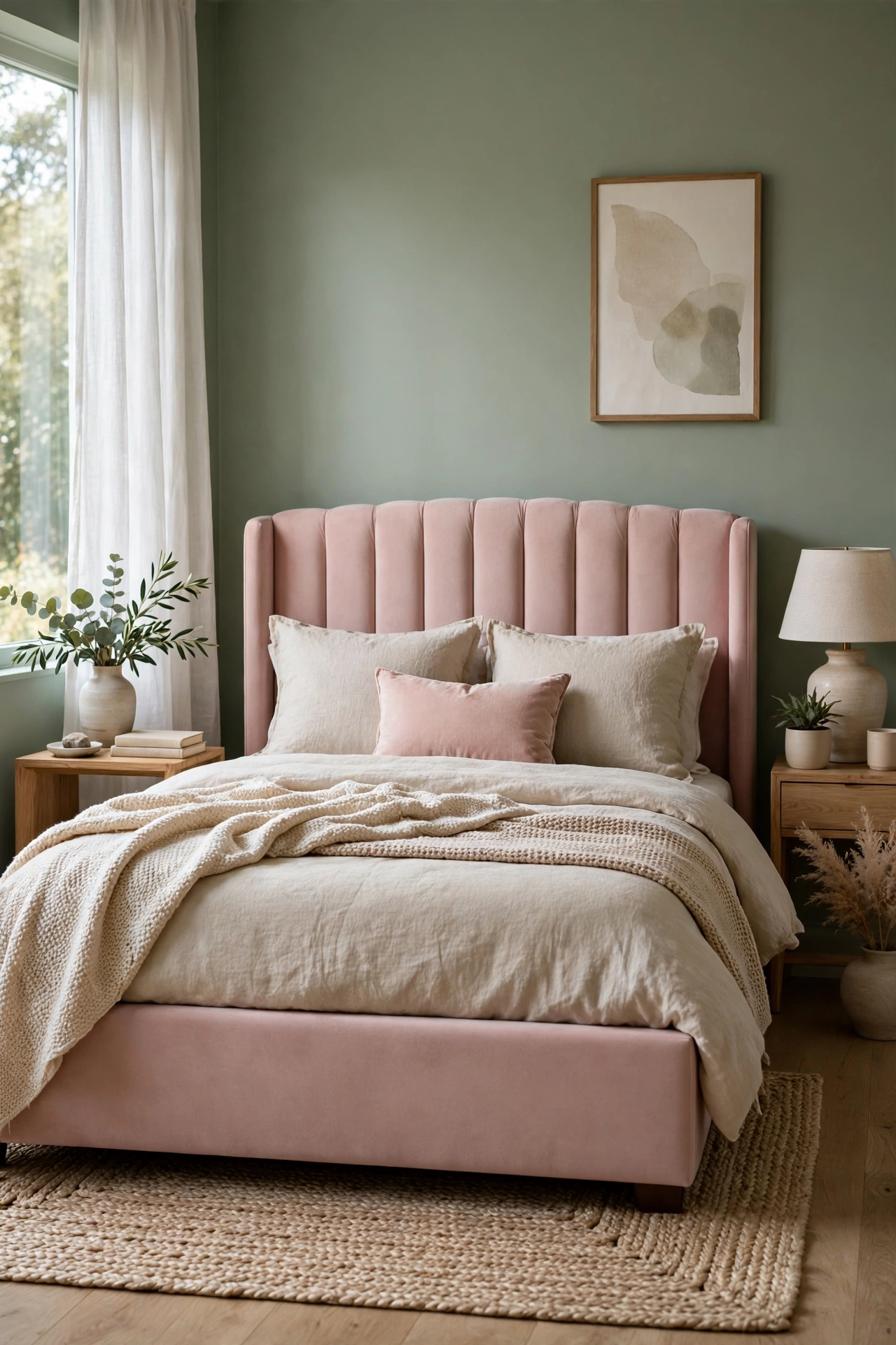 Blush pink upholstered bed frame against sage green walls