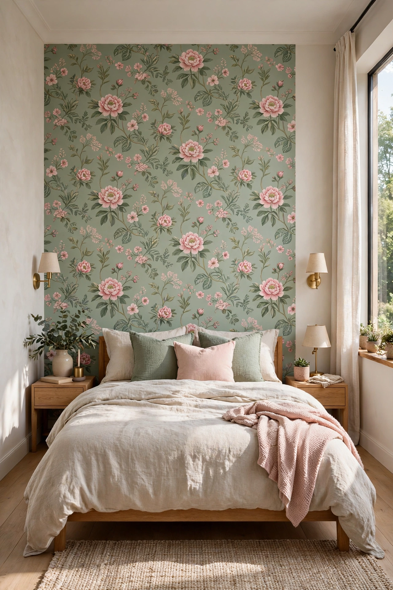 Bedroom accent wall with sage green and pink floral wallpaper