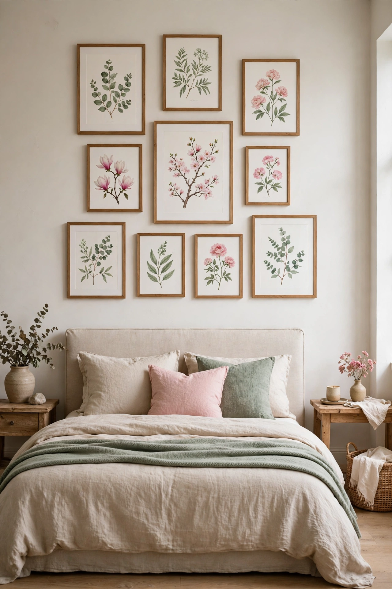 Gallery wall of botanical prints in sage green and pink above a bed