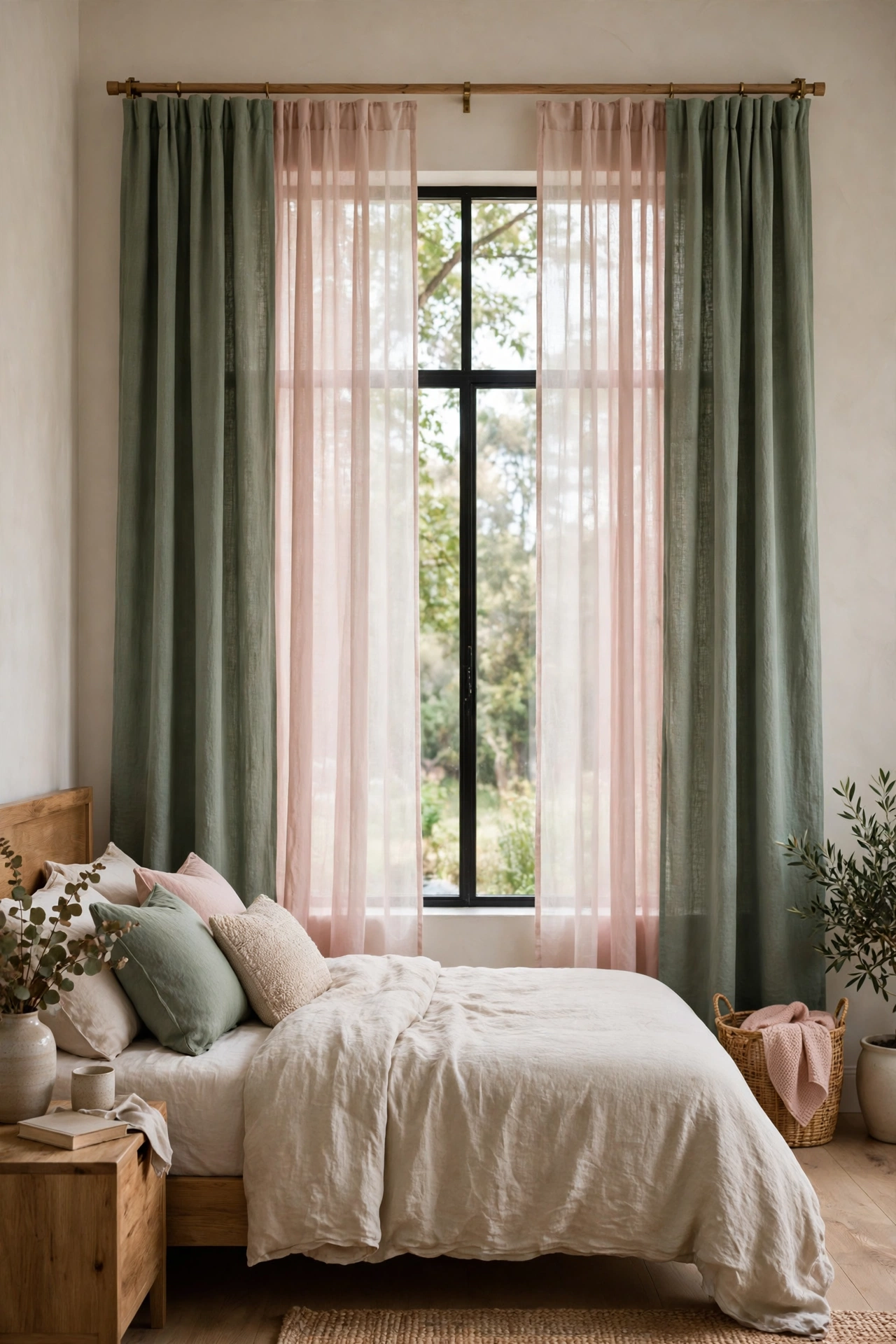 Sage green curtains layered with blush sheer panels at a bedroom window