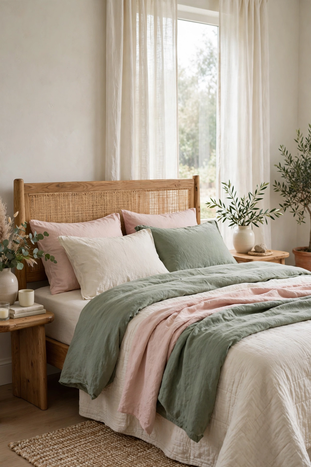 Bed layered with sage green, blush pink, and cream bedding