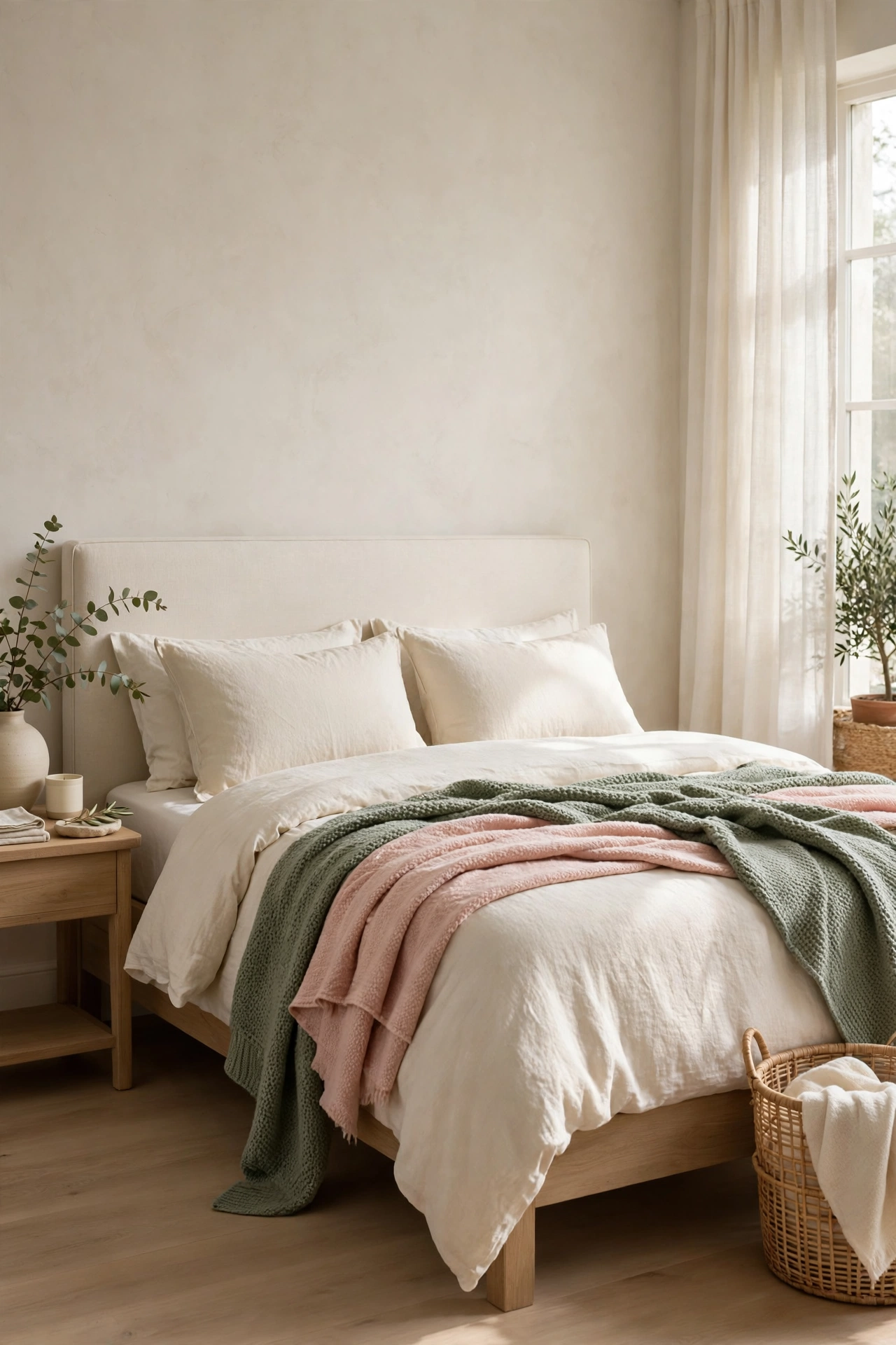Neutral cream bed with a pink throw and sage green knit blanket