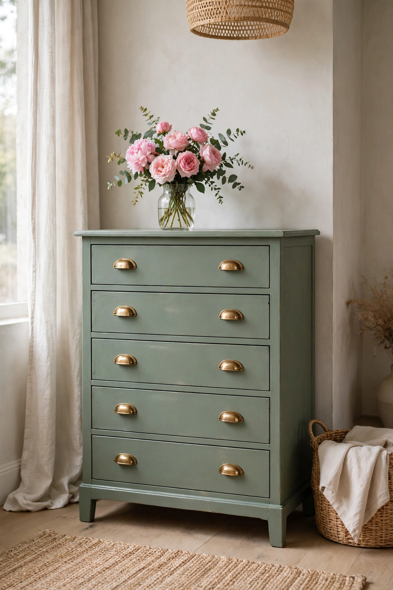 Sage green painted dresser with pink flowers and brass handles in a bedroom