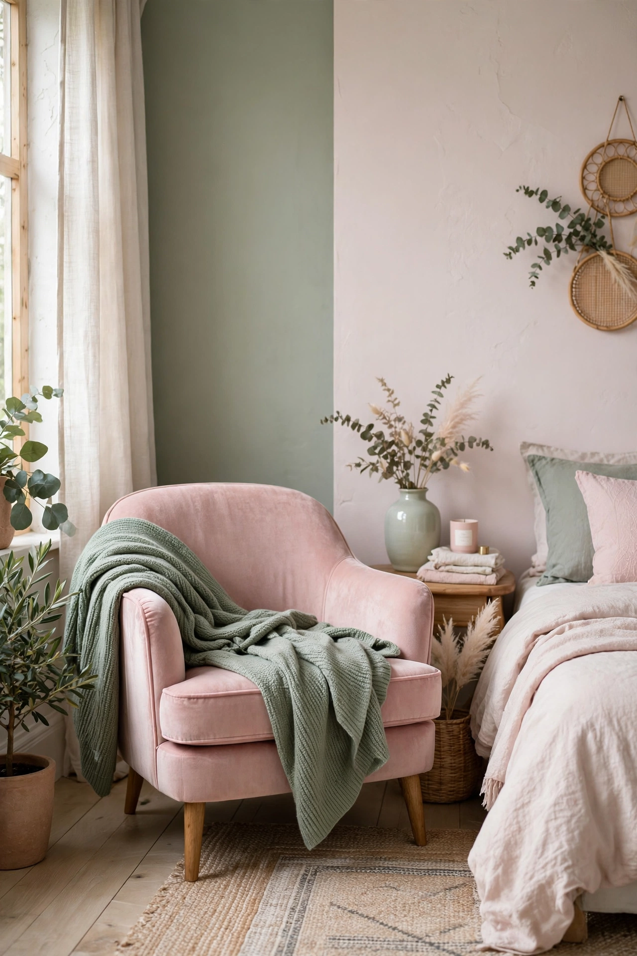 Blush pink velvet armchair with a sage green throw in a bedroom corner