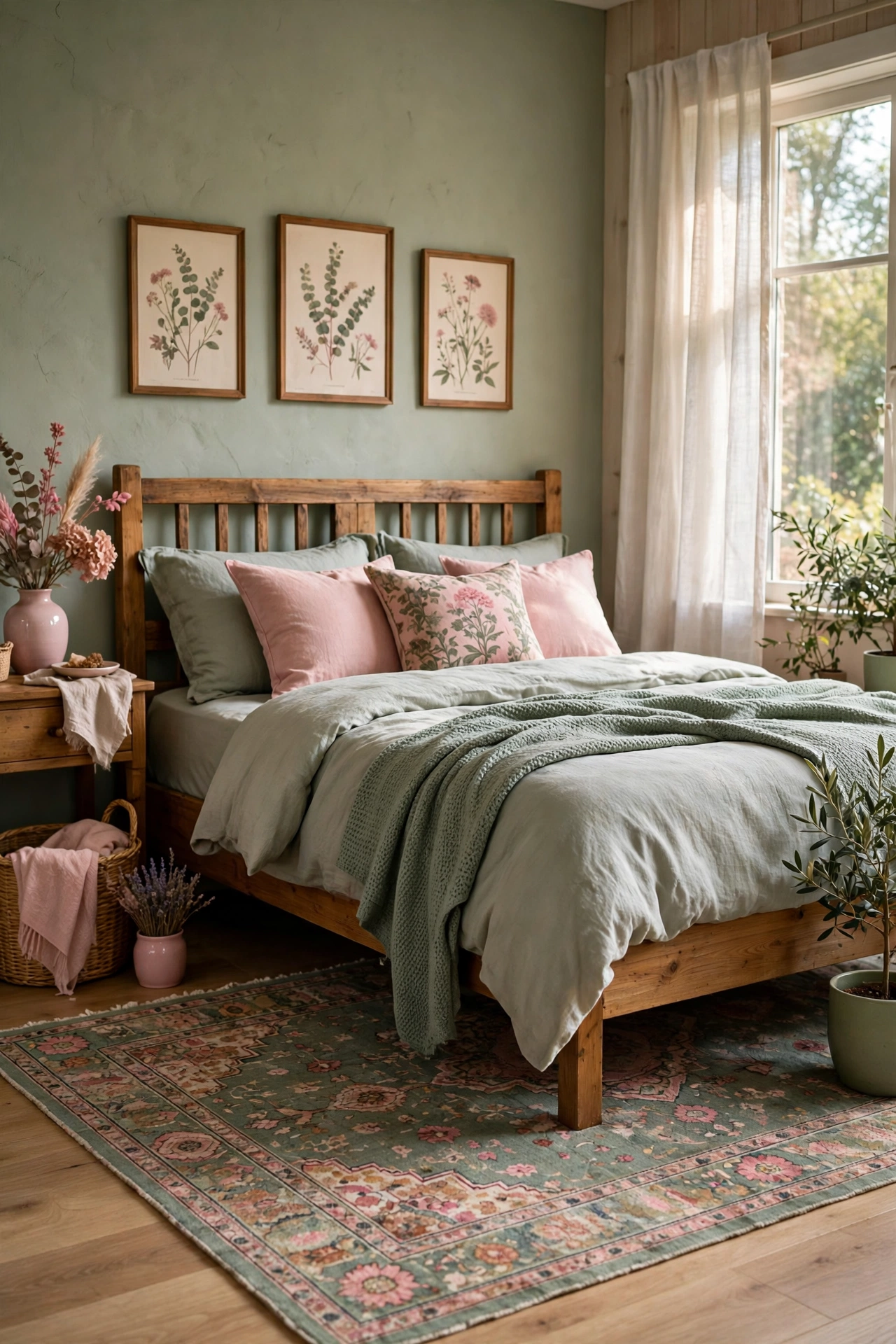 Bedroom rug in sage green and pink pattern under a wooden bed