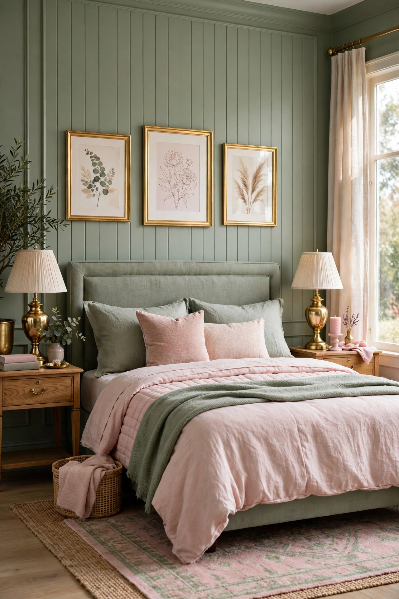 Bedroom with brass lamps and gold frames bridging sage and pink decor