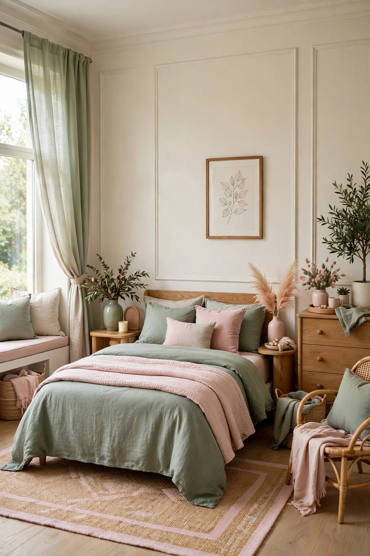 Balanced sage green and pink bedroom with cream walls and wooden furniture