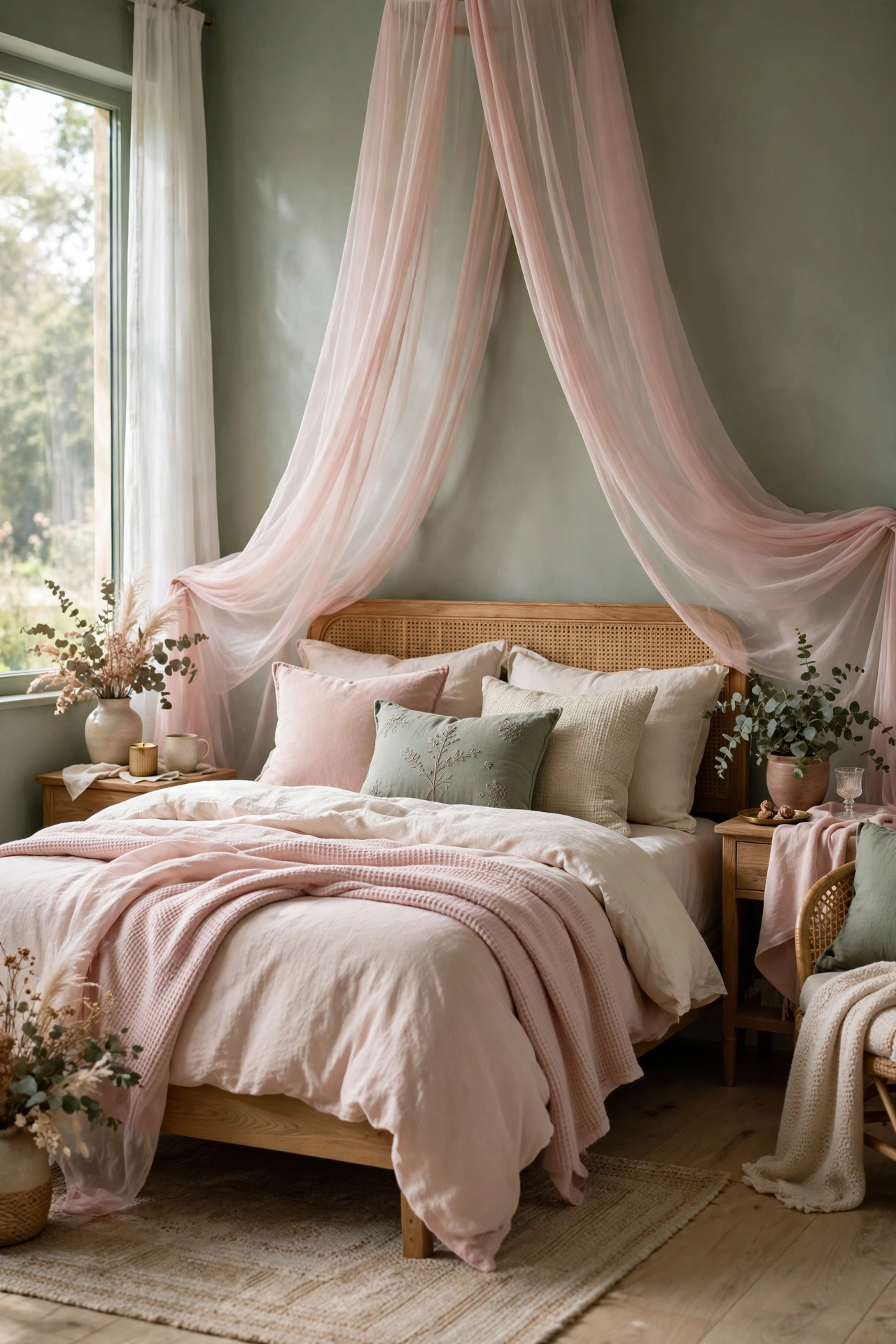Bed with soft blush pink canopy drape in a sage green bedroom