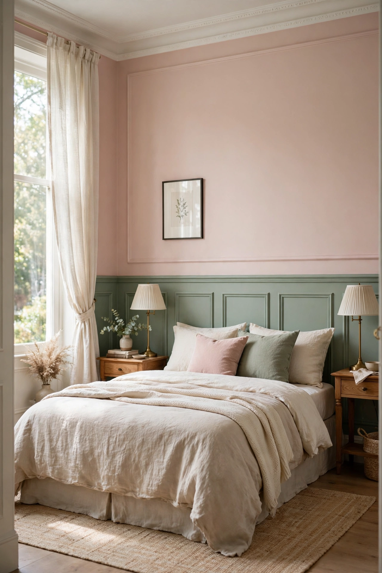 Bedroom with sage green wainscoting and blush pink upper walls
