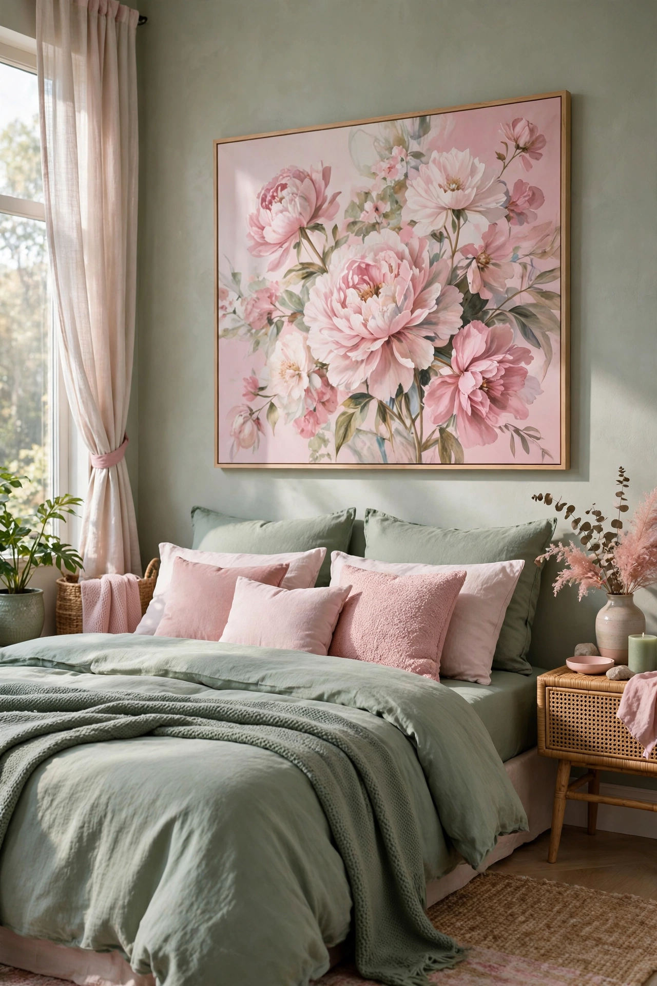 Large pink floral artwork above a bed with sage green bedding