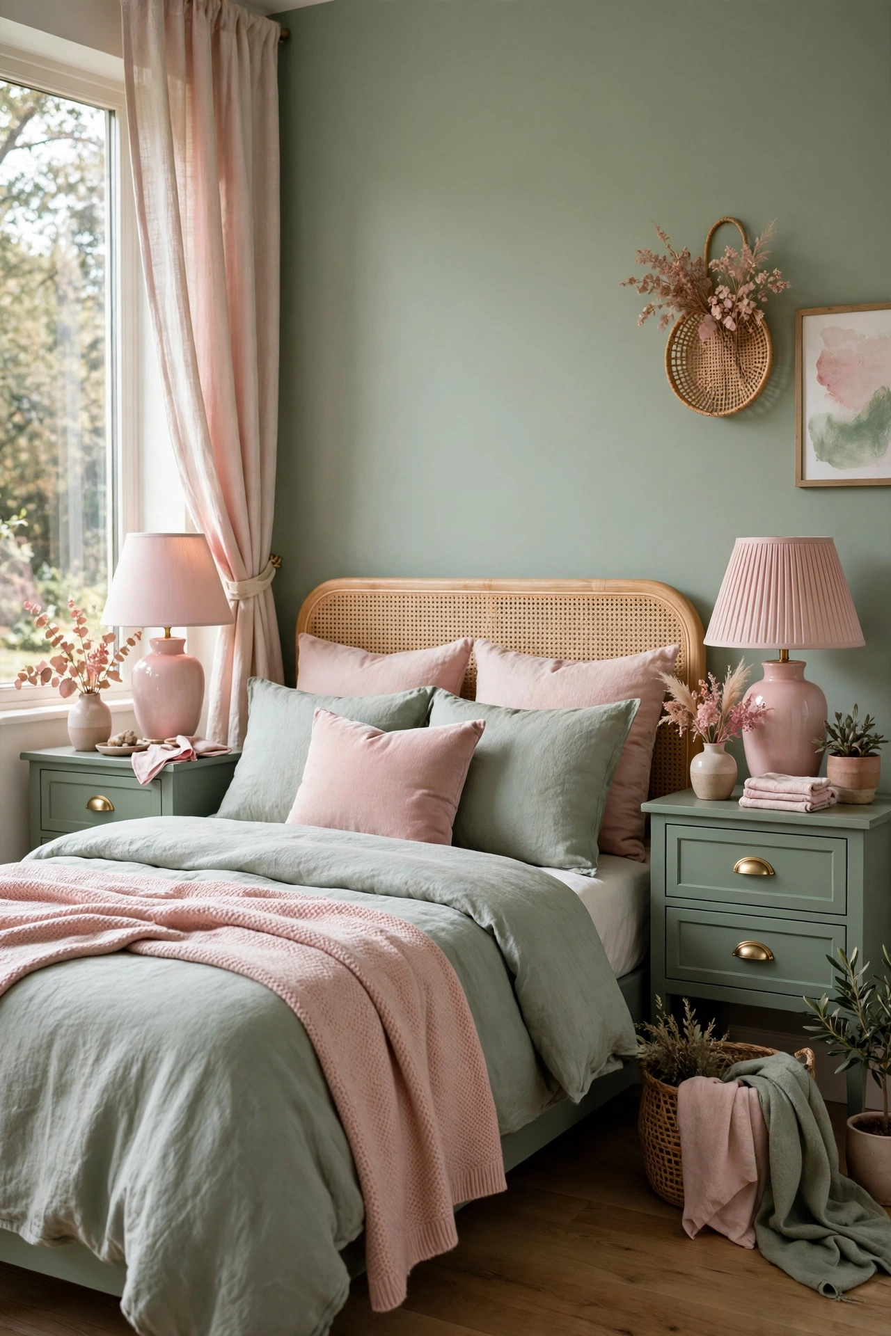 Sage green nightstands with blush pink lamps beside a bed