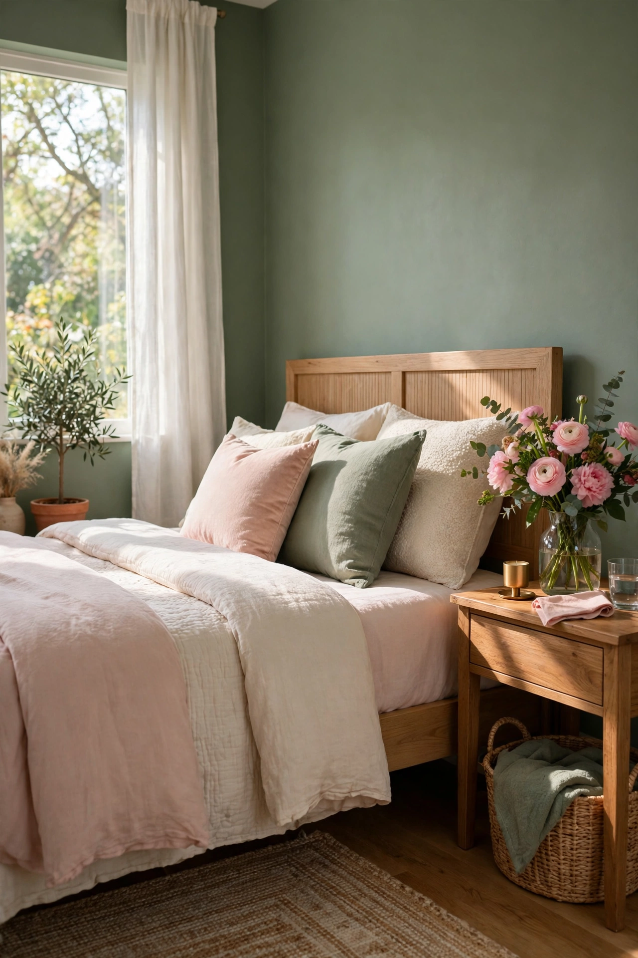 Welcoming guest bedroom in sage green and pink with fresh flowers
