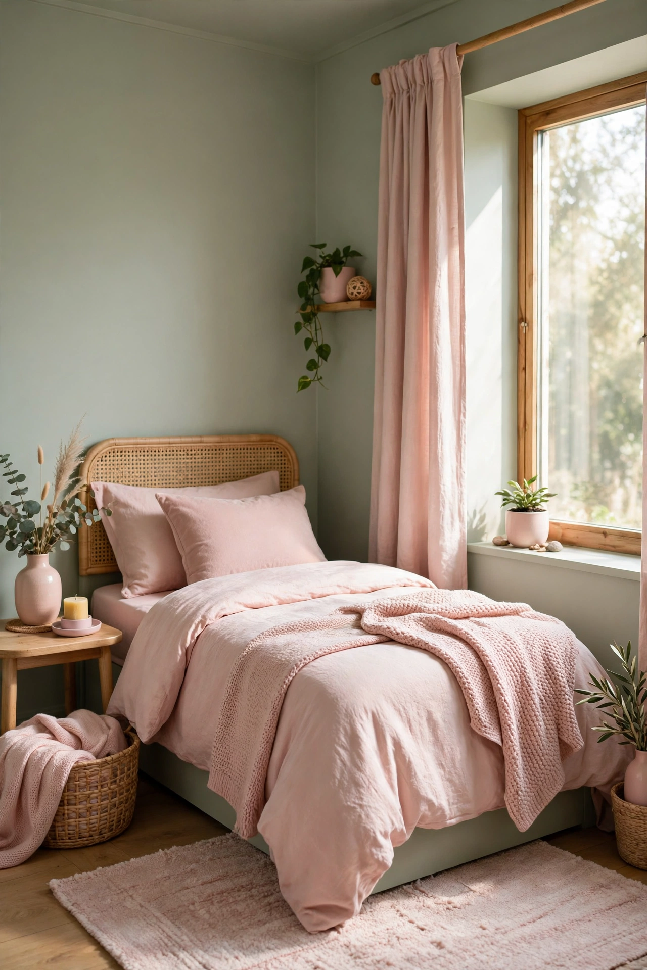 Small bedroom with light sage walls and blush pink accents