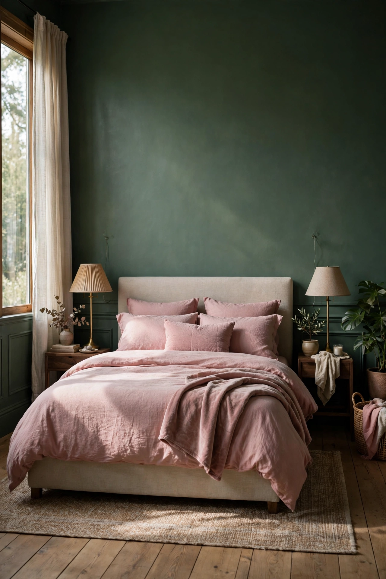 Bedroom with a deep sage green accent wall and dusty pink bedding