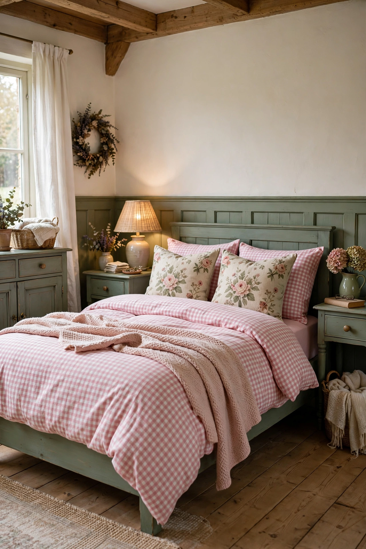 Cottage bedroom with gingham bedding, floral pillows, and sage painted wood