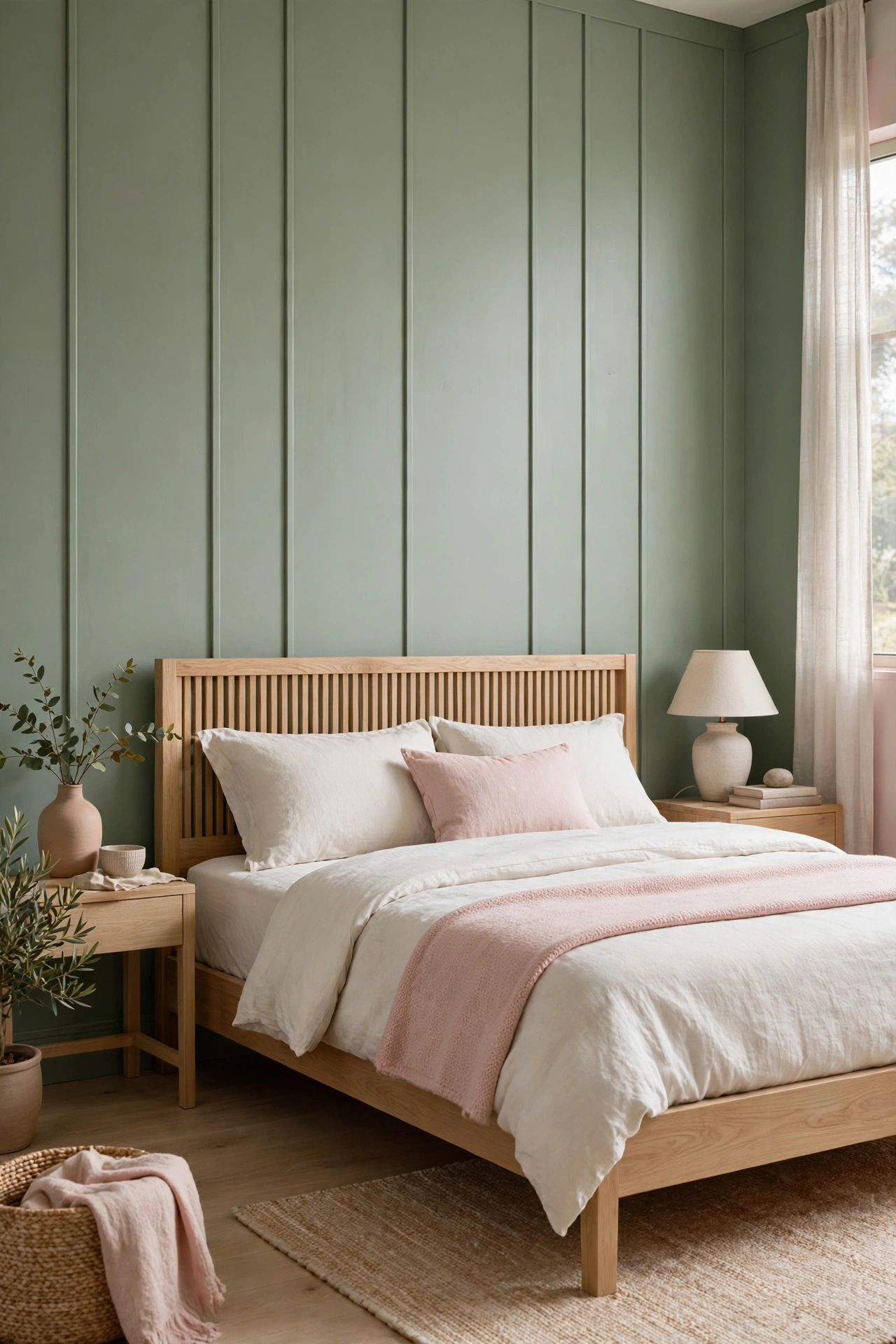 Modern bedroom with sage green wall panels and minimal blush accents