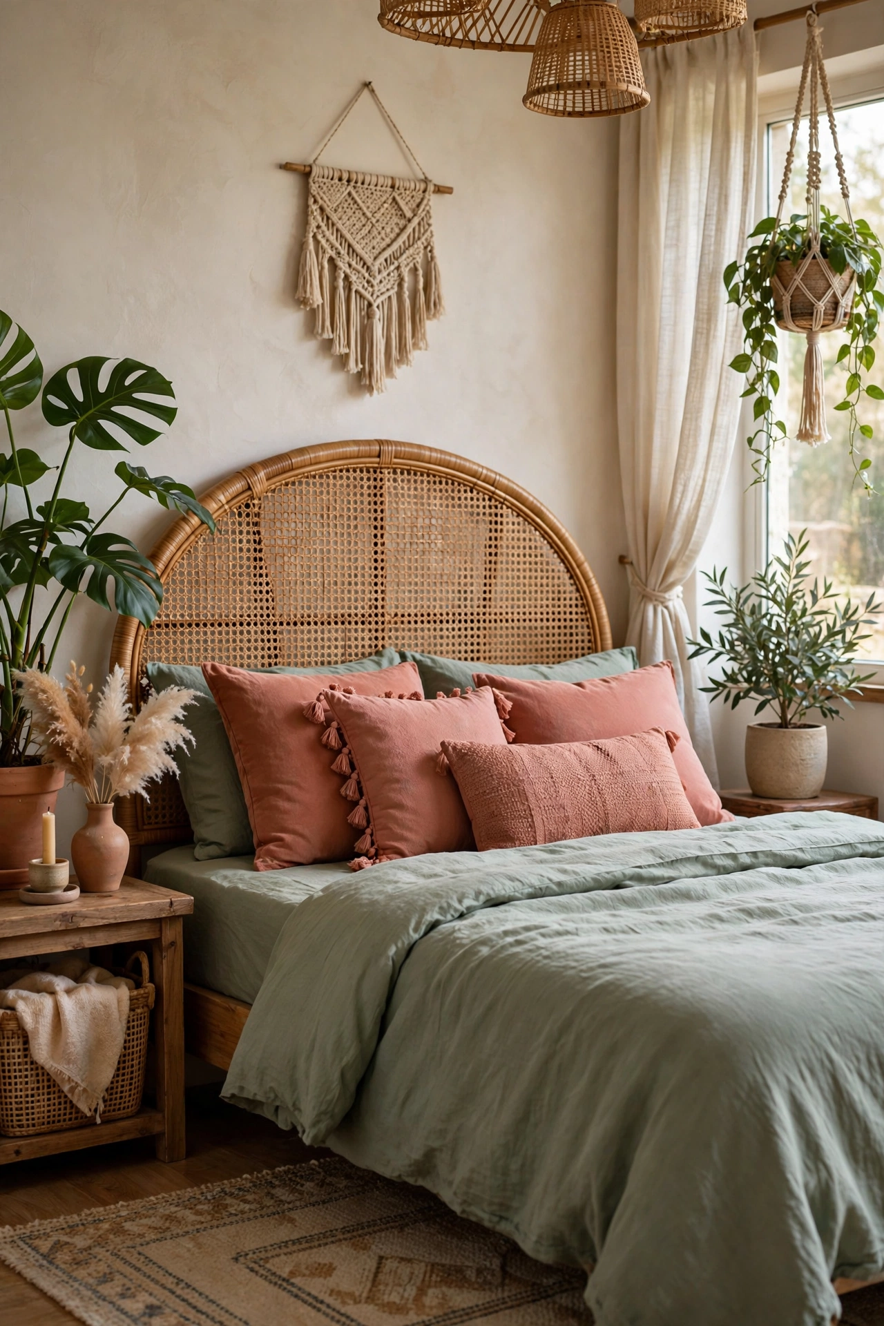 Boho bedroom with rattan furniture, sage bedding, and terracotta pink accents