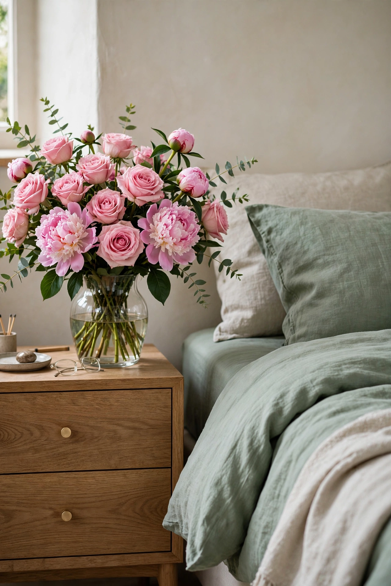 Bedroom nightstand with pink roses and peonies in a vase beside sage bedding