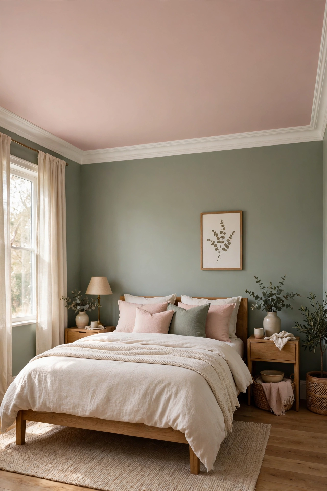 Bedroom with a soft blush pink ceiling and sage green walls