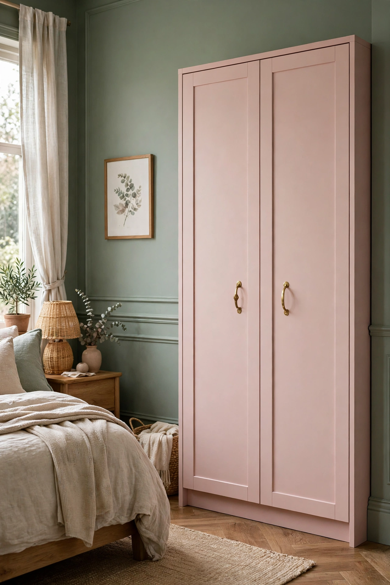 Blush pink wardrobe with brass handles in a sage green bedroom