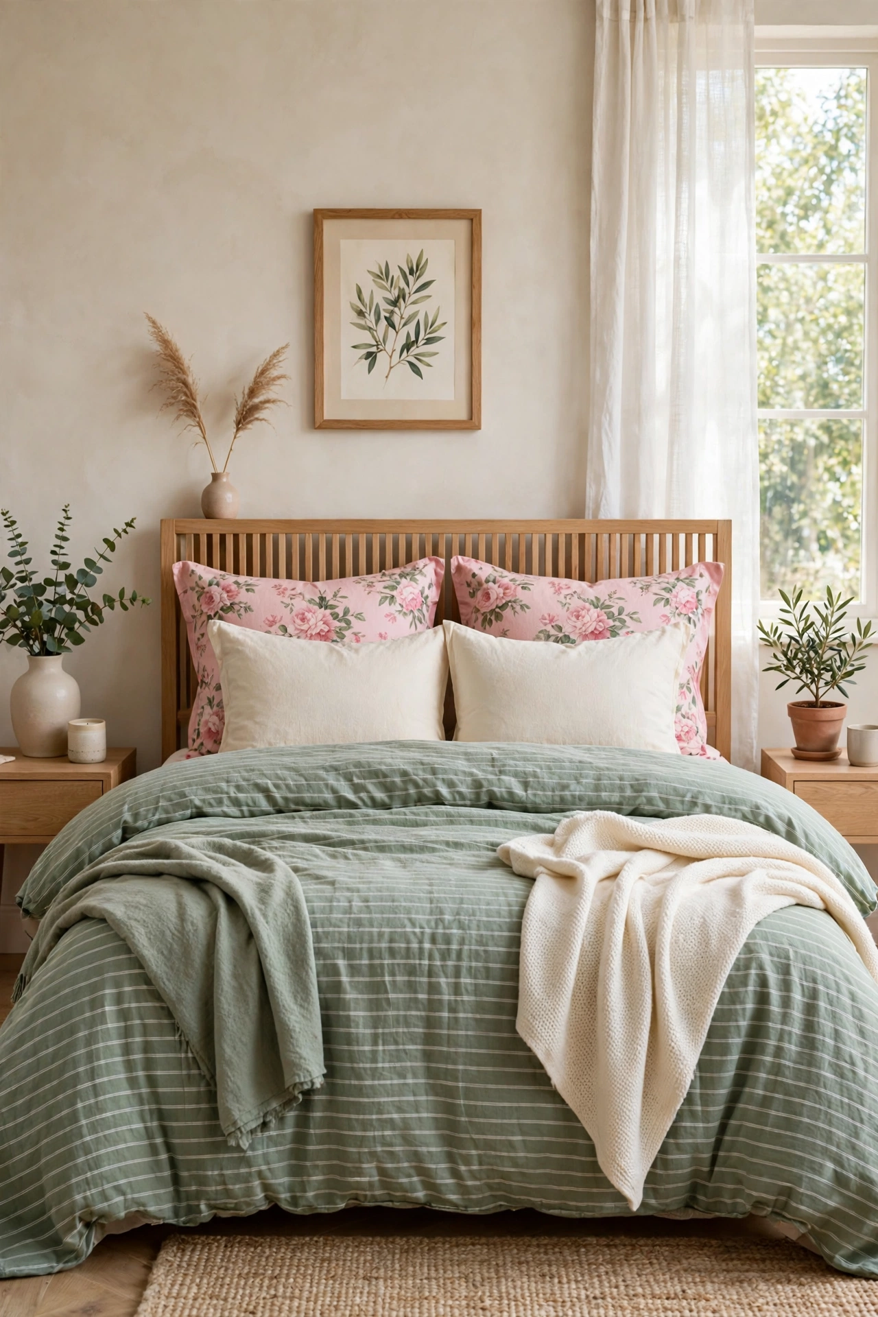 Bedroom bed mixing sage stripes, pink florals, and solid cream pillows
