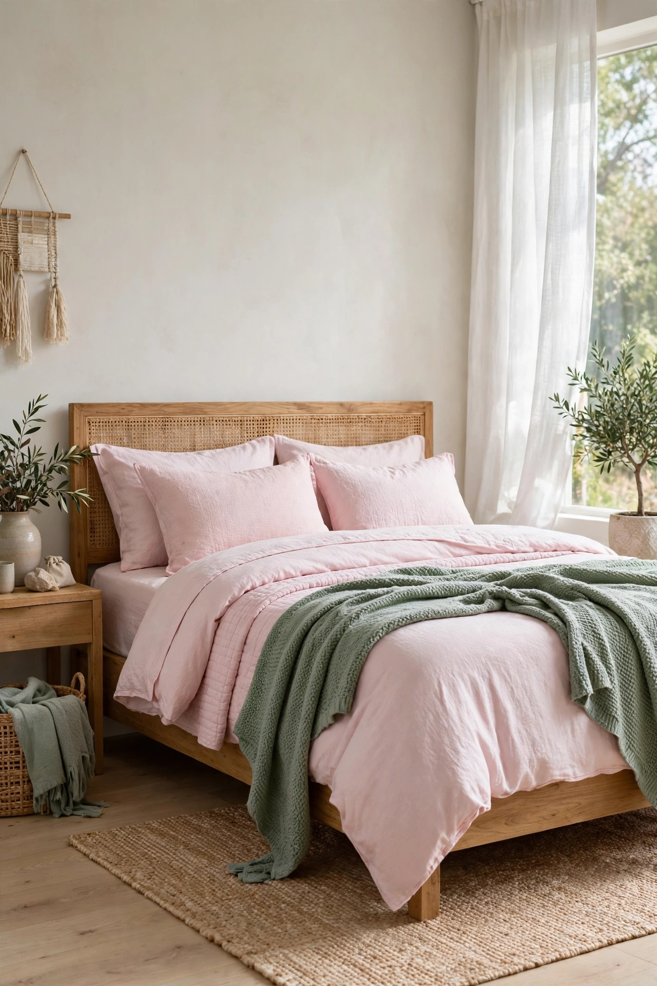 Bedroom styled for seasons with lighter pink summer bedding and deeper sage winter layers